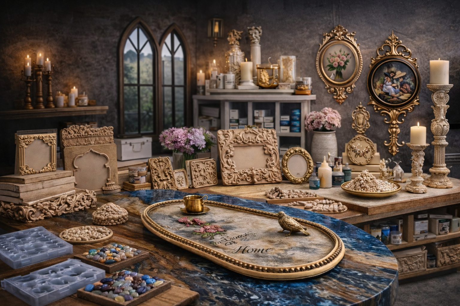 Home Handcrafted resin décor, raw MDF bases, moulds, and luxury decorative pieces displayed in an artisan studio in Pakistan